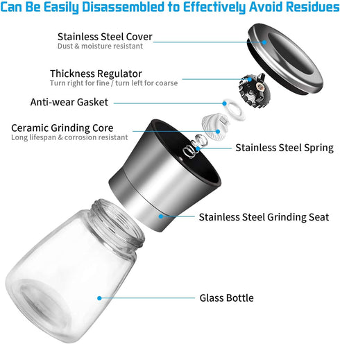 Herda Salt and Pepper Grinder - Refillable 304 Brushed Stainless Steel Shaker - Adjustable Ceramic Sea Salt & Pepper Grinder - Tall Glass Salt- Pe...