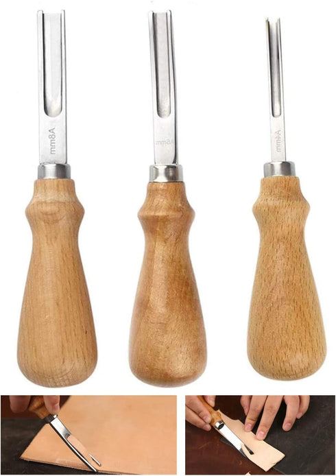 wan Leather Edge Skiving Beveler Tool Set, Wide Mouth Leathercraft Edge Skiving Beveler Leather Edge Trimmer with Wooden Handle Three Sizes(4mm,6m...