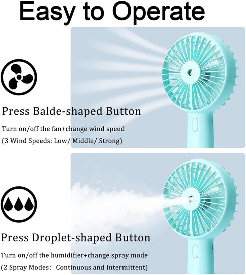 Portable Hand held Misting Fan, Small Personal 2000mAh USB Rechargeable Battery Operated Spray Fan Mister with Water Tank Mist Lash Fan 3 Speed St...