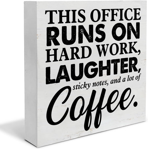 Coworker Gift This Office Runs on Hard Work Wooden Box Sign Office Theme Desk Decorative Wooden Sign Office Decor for Desk Table Shelf 5 x 5 Inche...