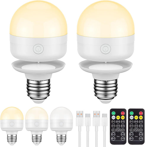 SCOPOW 2Packs E26 Rechargeable Light Bulbs with Remote Control Timer and 3 Color Temperature 350LM Magnetically Battery Operated Light Bulbs Dimme...