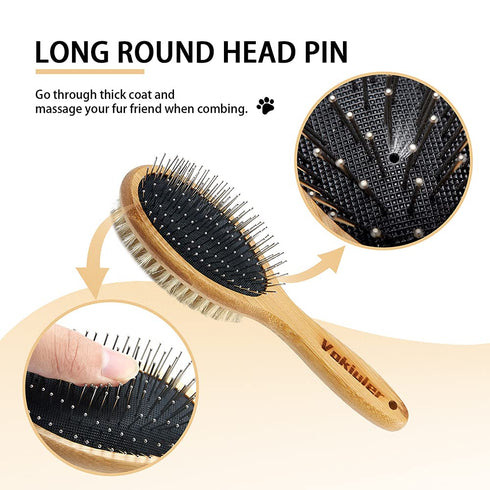 Dog Brush Cat Brush, Vokiuler Double Sided Bristle and Pin Pet Brush for Dog Grooming, Real Boar Bristle Shedding Brush with Bamboo Handle for Lon...