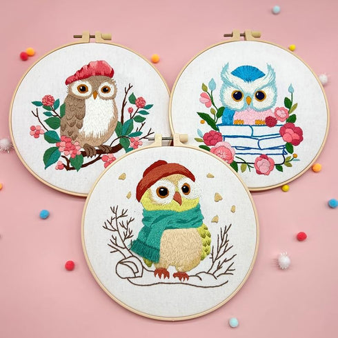 Sbewco Embroidery kit,Embroidery Starter Kits for Adults Beginners with Stamped Pattern,Embroidery Floss + Needles + Hoop, OWL 3 Pack......