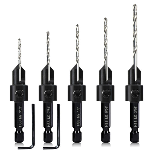 5-pc Woodworking Countersink Counterbore Drill Bit Set 3in1 for #6 8 10 12 16 Screws, M2 Pilot Drill Bits Adjustable Depth, 82-Degree Chamfer with...