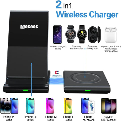 COSOOS Dual Wireless Charger, Wireless Charging Stand for iPhone 15 Pro Max/15 Pro/14/13/12/11/Xs/X, Airpods 3/Pro,Samsung Galaxy S21/S20/S10,Sams...