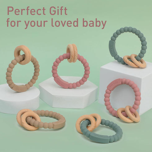 Baby Teether, One Piece Design Silicone & Beech Teething Ring Toy for Babies, BPA Free (Light Grey)...