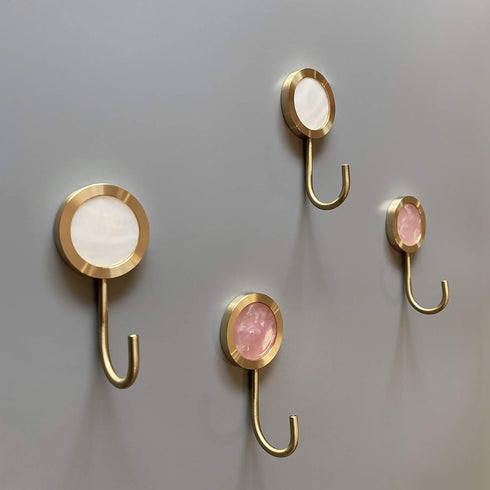 Solid Brass Decorative Wall Hook, Self-Adhesive Hole Free Wall Mount, Shining Gold Fancy Hook (Blossom Pink–Pack of 2)...