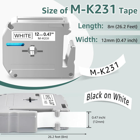 GREENCYCLE 2 Pack Compatible for Brother P Touch M Tape M231 MK231 M-231 M-K231s 12mm 0.47 White Label for Brother Ptouch PT-M95 PT-70BM PT-90 PT-...