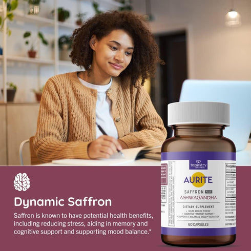Saffron Ashwagandha Supplement | Stress Management, Mood Support, Long-Term Memory, for Women & Men. 60 Count, Vegetarian Friendly, Non-GMO, Glute...