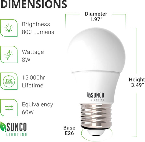Sunco Lighting 10 Pack A15 LED Bulb Dimmable Refrigerator Appliance Bulbs 8W Equivalent 60W 3000K Warm White 800 LM, E26 Medium Base, Instant On, ...