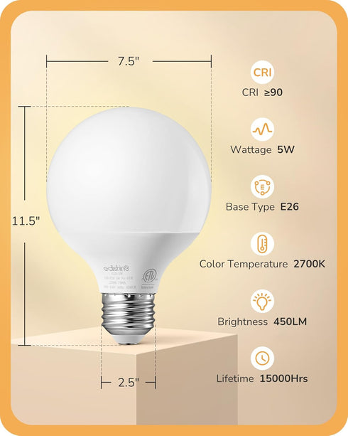 EDISHINE 4 Pack G25 LED Globe Light Bulbs CRI90+, Vanity Light Bulbs for Bathroom 5W Equivalent 25W 2700K Warm White 450LM, Globe Light Bulbs Over...