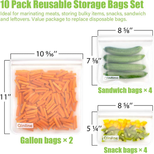 Reusable Food Storage Bags - 10 Pack Freezer Bags, Reusable Bags Silicone, Extra Thick Leakproof Reusable Lunch Bag for Salad Fruit Snack Travel -...