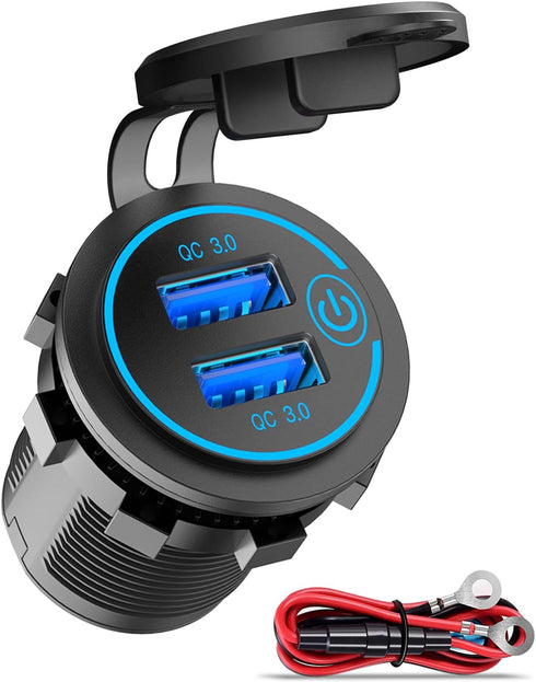 Qidoe 36W Dual QC3.0 USB Power Charger Socket, Waterproof 12V USB Outlet with Touch Switch Car USB Port for RV Motorcycle Boat Marine Truck Golf C...