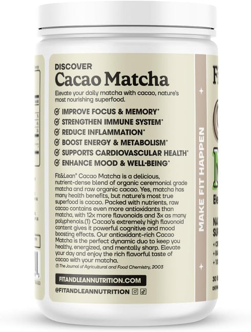 Fit & Lean Cacao Matcha Green Tea Powder, Organic, Japanese Ceremonial Grade, Superfood, Antioxidants, Energy, Mood,105 Grams, 30 Servings...
