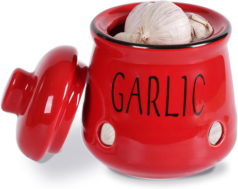 HAOTOP Garlic Keeper with Lid, Ceramic Mini Garlic Container Saver for Countertop, Keep Your Garlic Cloves Fresh, Red...