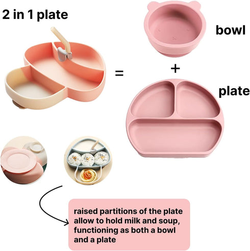Silicone Suction Plate for Toddlers, Spoon, Fork, Baby Eating Essentials, Toddler plate and Utensils Set(Silicone Baby Feeding Set - Pink Mushroom...