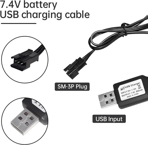2PCS 7.4V 800mh USB Charging Cable with SM-3P Plug Connector for RC Excavator, Truck, Tank,Huina 1575 RC Engineering Vehicle,DE43 DE60 RC Toy Car,...
