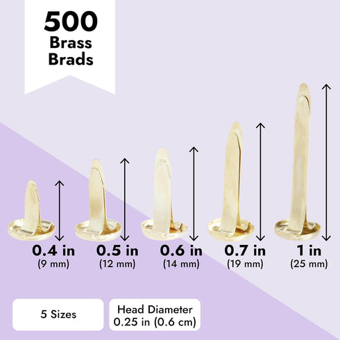 Juvale 500 Pieces Mini Metal Brads for Crafts, Split Pin Brass Paper Fasteners for Scrapbooking, Handmade Cards, DIY Projects, 5 Assorted Sizes (0...