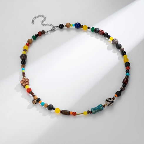 90s Beaded Necklace Color Surfer Crystal Stone Gemstone Wooden Bead Britpop Summer Choker Necklace for Men Women...