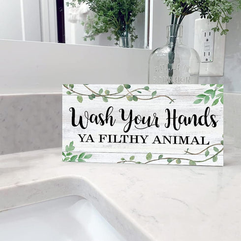 LHIUEM Wash Your Hands Ya Filthy Animal Sign,Funny Bathroom Wooden Hanging Wall Art, Green Plant Wood Plaques For Kitchen Toilet Home Decor(6''x 1...