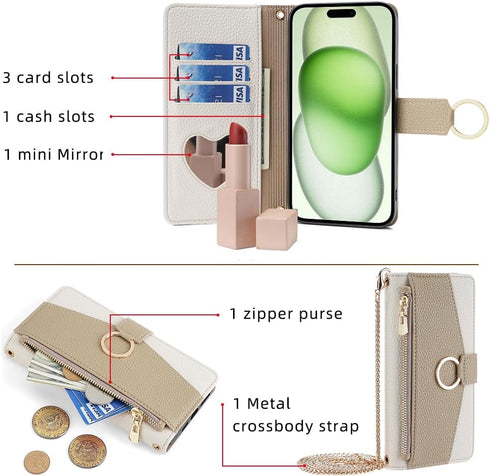 Asuwish Phone Case for iPhone 15 Plus 6.7 inch Wallet Cover with Screen Protector and Mirror Flip Cover Ring Card Holder Crossbody Strap Cell i-Ph...