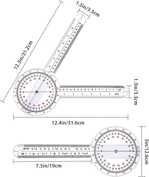 Goniometer 12 inch, Transparent Orthopedic Angle Ruler Plastic Goniometer, 360 Degree Clear Protractor Physical Therapy for Body Measuring Tape Go...