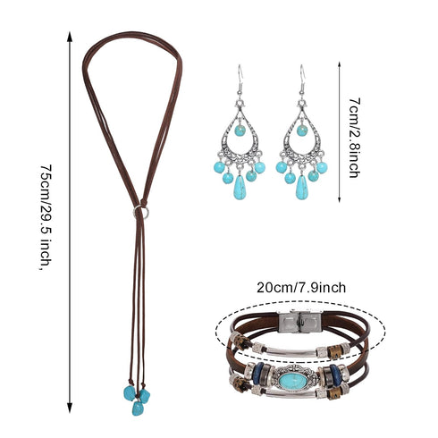 Bohemian Turquoise Jewelry Set for Women, Vintage Turquoise Necklace Earrings Bracelet for Western Boho Party (Vintage)...