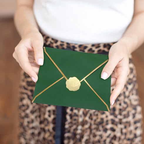 Teling 50 Pcs A7 Envelopes 5 x 7 Card Envelopes and 50 Pcs Gold Embossed Wax Seal Envelopes Self Adhesive V Flap Envelopes with Gold Border for Gr...