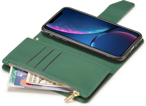 EYZUTAK Case for iPhone XR, Glossy PU Leather 9 Card Slots Magnetic Closure Detachable Wrist Strap Zipper Wallet Shockproof Removable Back Cover C...