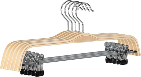 Wooden Pant Hangers, 5-Pack Light Weight Wood Skirt Hangers with Anti-Rust Hook and 2-Adjustable Clips...