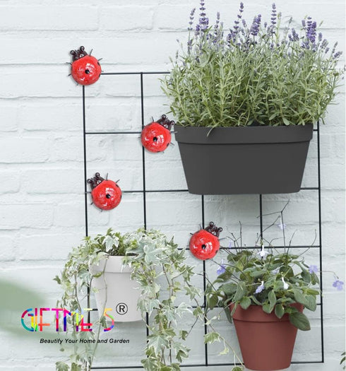 GIFTME 5 Metal Garden Yard Art Decorative 4 Pack Ladybugs Outside Garden Wall Sculptures(RED)...