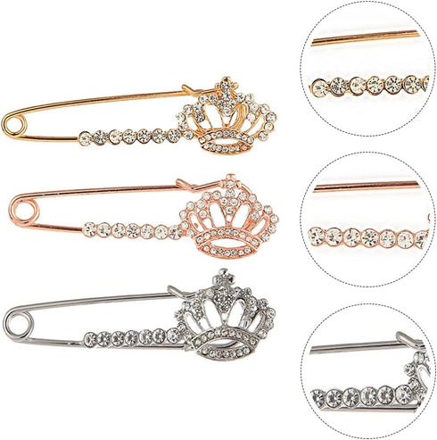3Pcs Crown Safety Pin Women Crystal Brooch Pins Sweater Shawl Clips Rhinestone Brooches New Year Valentines Day for Women Men...