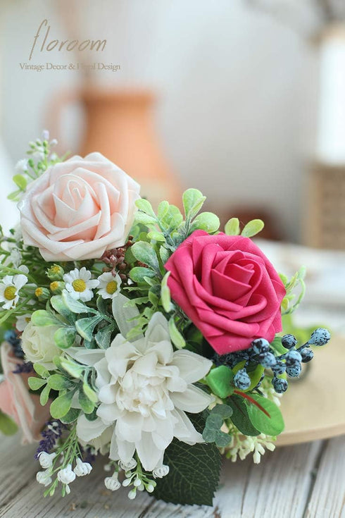 Floroom Artificial Flowers 25pcs Real Looking Shimmer Blush and Peach Foam Fake Roses with Stems for DIY Wedding Bouquets Bridal Shower Centerpiec...