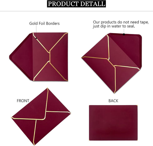 50 PCS Invitation Envelopes A7 Size, Burgundy Envelopes 5 x 7 Inch V-Flap Mailing Card Envelopes Quick Seal Envelopes with Gold Border for 5x7 Car...