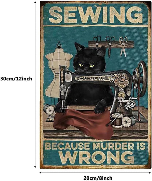 Yepzoer Cat Kitty Sewing Retro Style,Sewing Because Murded is Wrong,Bar Sign Wall Art Decor Metal Sign Coffee Sign,12x8 inch...