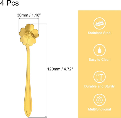 uxcell 4Pcs Stainless Steel Flower Spoons 5 Inch Cherry Blossom Shape Coffee Spoon Small Teaspoon Dessert Spoon for Espresso Sugar Cake, Gold...