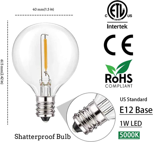Jslinter 5000K Daylight G40 LED String Light Bulbs Replacement, 1W(11W Equivalent), 60LM, Shatterproof, E12 Screw Base, Vintage Edison Bulbs for P...