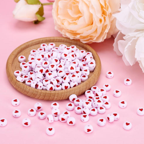 Pandahall 200pcs White Acrylic Red Heart Beads Flat Round Love Heart Disc Coin Pony Beads for DIY Word Message Initial Bracelet Spacer Charms Jewe...