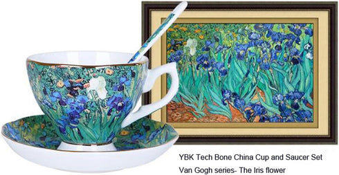 YBK Tech Bone China Cup and Saucer Set, 7oz Tea Cup - Design Inspired by Van Gogh's Paintings (Iris flower)...