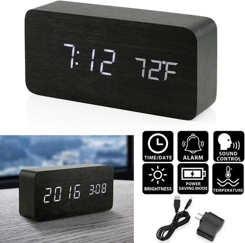 OCT17 Wooden Digital Alarm Clock, Multi-Function Smart Alarm Clock, LED Light Alarm Clock with USB Power Supply, Voice Control, Thermometer - Blac...