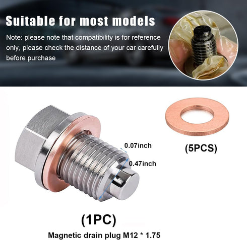 M12x1.75 Magnetic Oil Drain Plug, Stainless Steel Sump Drain Nut Bolt with 5 Crush Gaskets, Leak-proof Vehicle Engine Oil Drain Plug Replacement, ...
