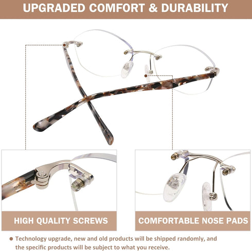 AQWANO Rimless Computer Reading Glasses Women Fashion Designer Blue Light Blocking with UV400 Protect Clear Lens Pattern Frame Ladies Readers,2.0...