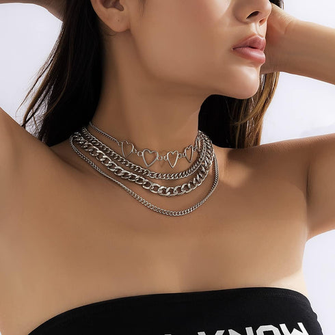 Simple Heart Necklace Lolita Choker Chain Layered Cuban Chunky Silver Chain Necklace for Women Men Chic y2k Clothes Jewelry...