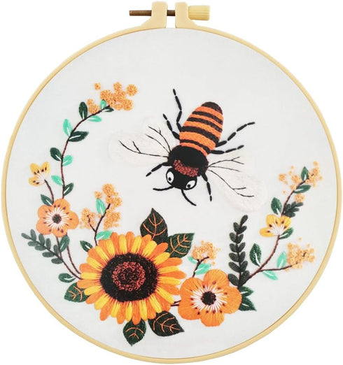 Esffaci Embroidery Starter Kit for Adult Beginner with Bee Flower Pattern Hand Embroidery Set with Embroidery Cloth Hoop Needle Threader Embroider...