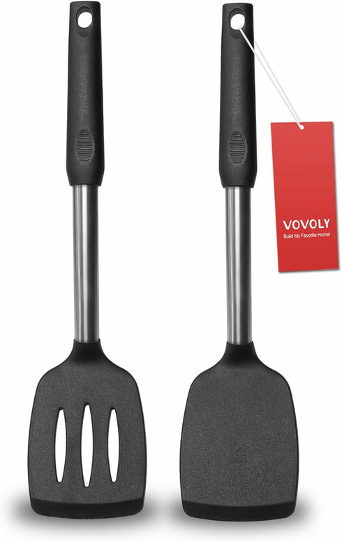 2 Pack Spatulas, Solid & Slotted Silicone Spatula Set, Stainless Steel Handle Coated with Silicone, Non Stick Turners, Heat Resistant Rubber Spatu...