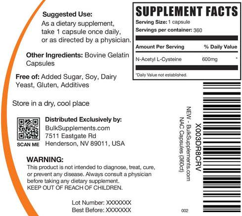 BulkSupplements.com N-Acetyl L-Cysteine Capsules - N-Acetyl Cysteine 600mg, NAC Supplement - 600mg per Capsule, Gluten Free - 1 NAC Capsule per Se...