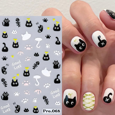 6 Sheets Nail Art Sticker Decals 5D Embossed Nail Art Supplies Self-Adhesive Nail Art Decoration Cartoon Monsters Black Cats Panda Design Manicure...