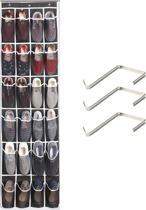 24 Pockets Over The Door Hanging Shoe Organizer, 12 Large Mesh Pockets Closet Holder Hanger Storage Bag Rack with Hook (B-Black2)...
