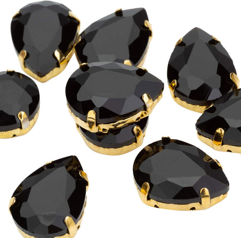 Choupee Sew On Rhinestone Tear Drop Crystal Rhinestones in Gold Setting 48 Pcs (Black, 13 X 18 MM)...