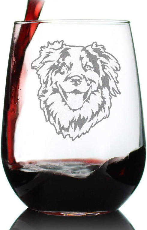 Australian Shepherd Face - Stemless Wine Glass - Unique Dog Themed Decor and Gifts for Lovers of Aussies - Large 17 Ounce...